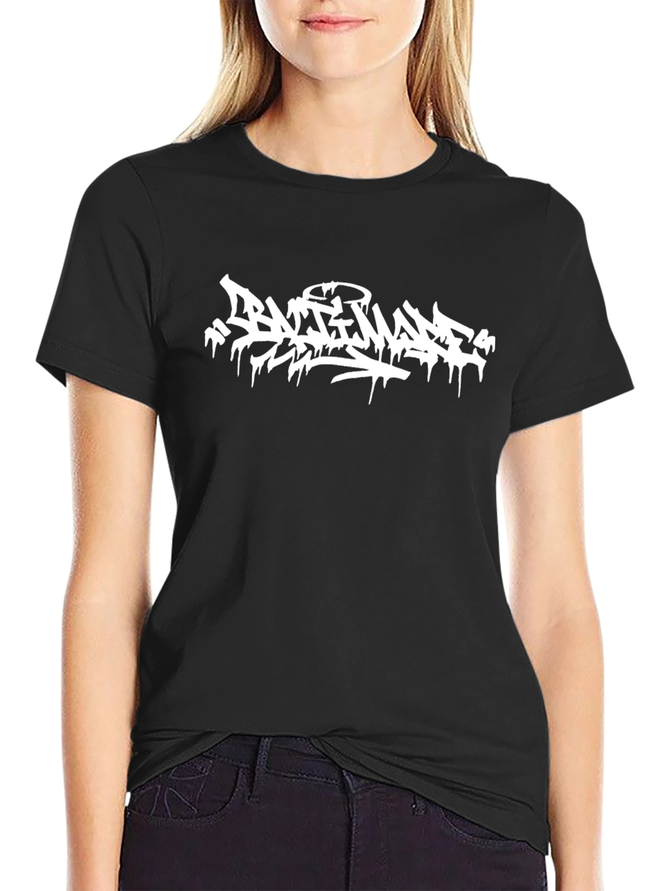 Black Graphic Tee - Graffiti Style White Print