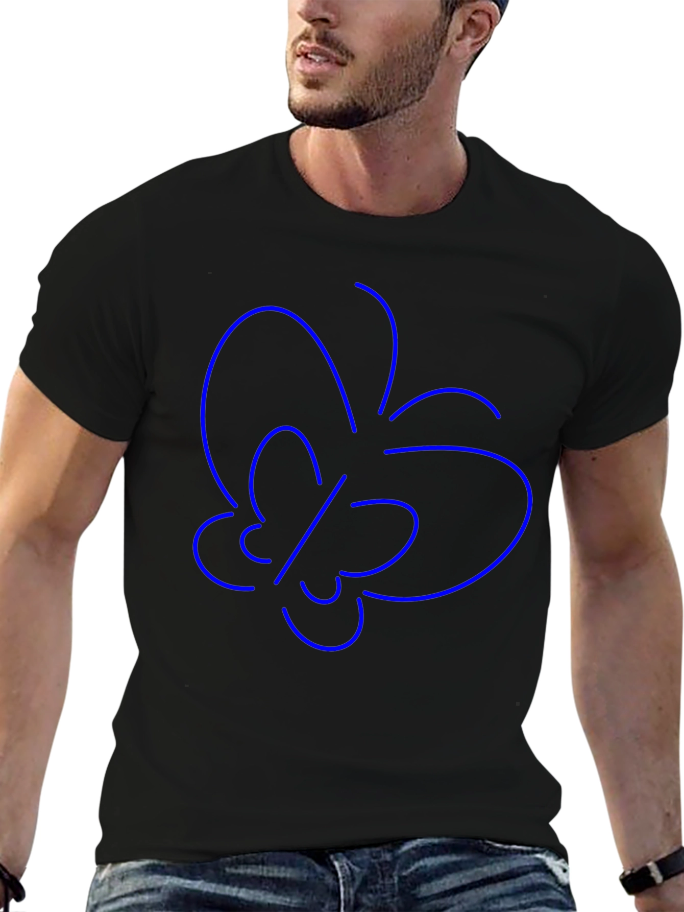 Minimalist Blue Butterfly Outline Black T-Shirt