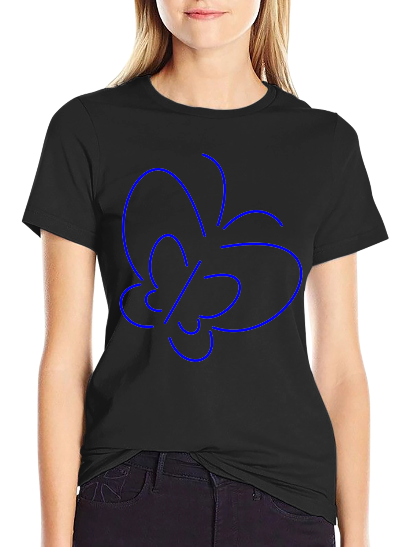 Minimalist Blue Butterfly Outline Black T-Shirt