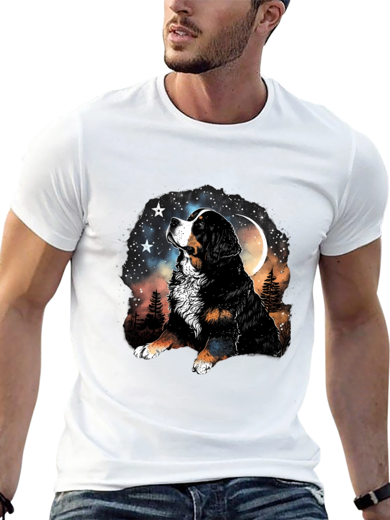 Bernese Mountain Dog Moon Stars Black T-Shirt
