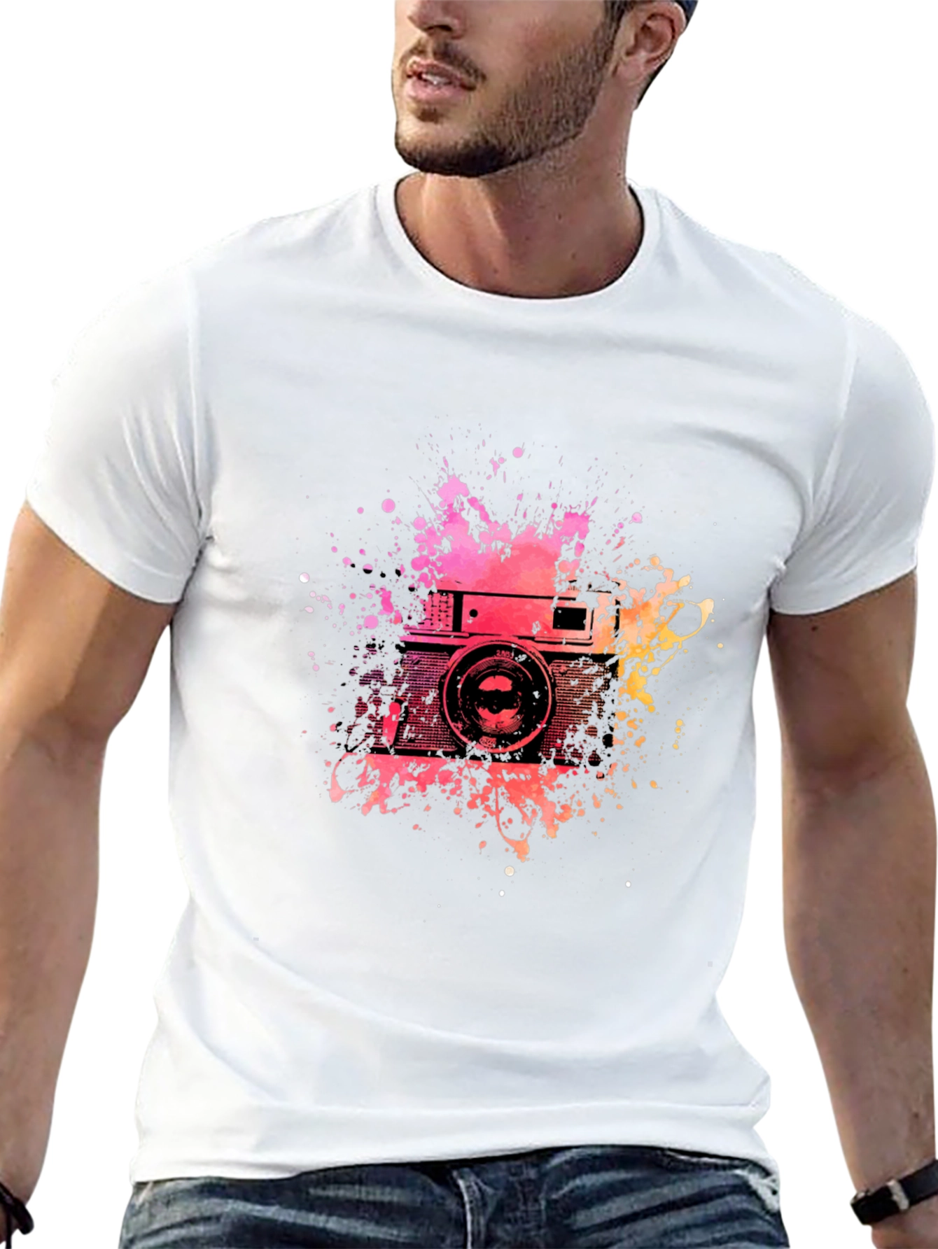 Retro Camera Splash Graphic Tee - Black Cotton T-Shirt