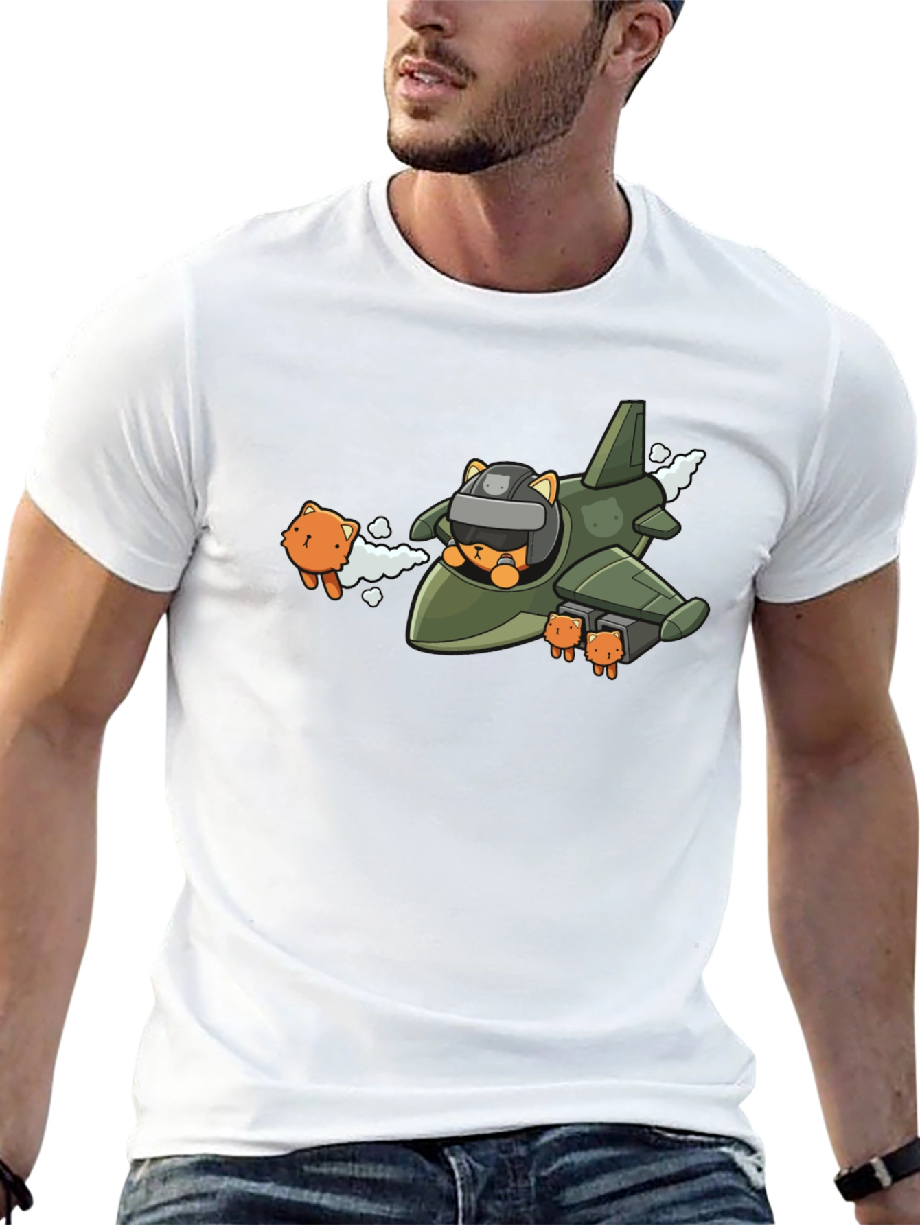 Cute Cat Pilot Black T-Shirt