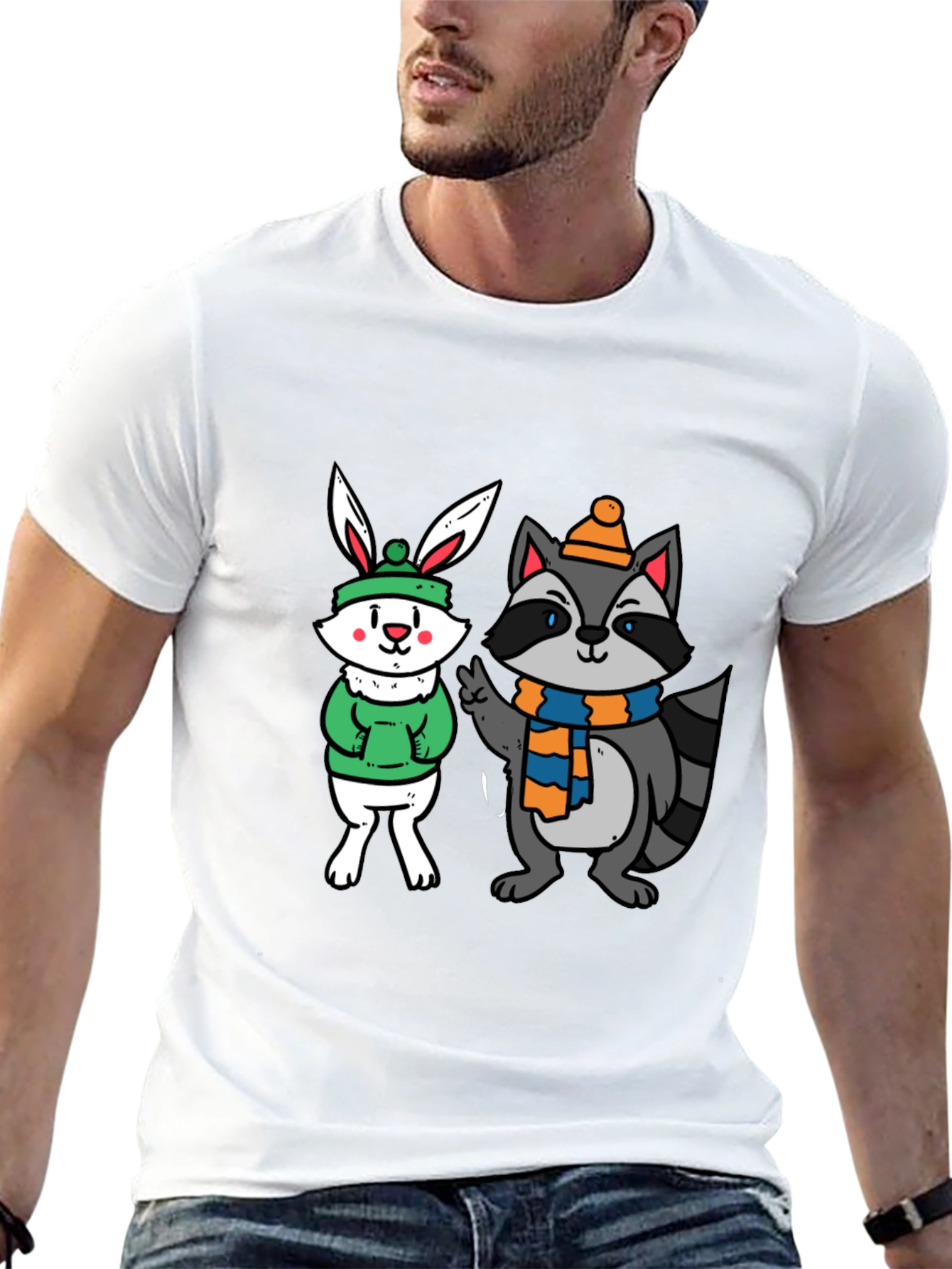 Cute Cartoon Animals Graphic Black T-Shirt