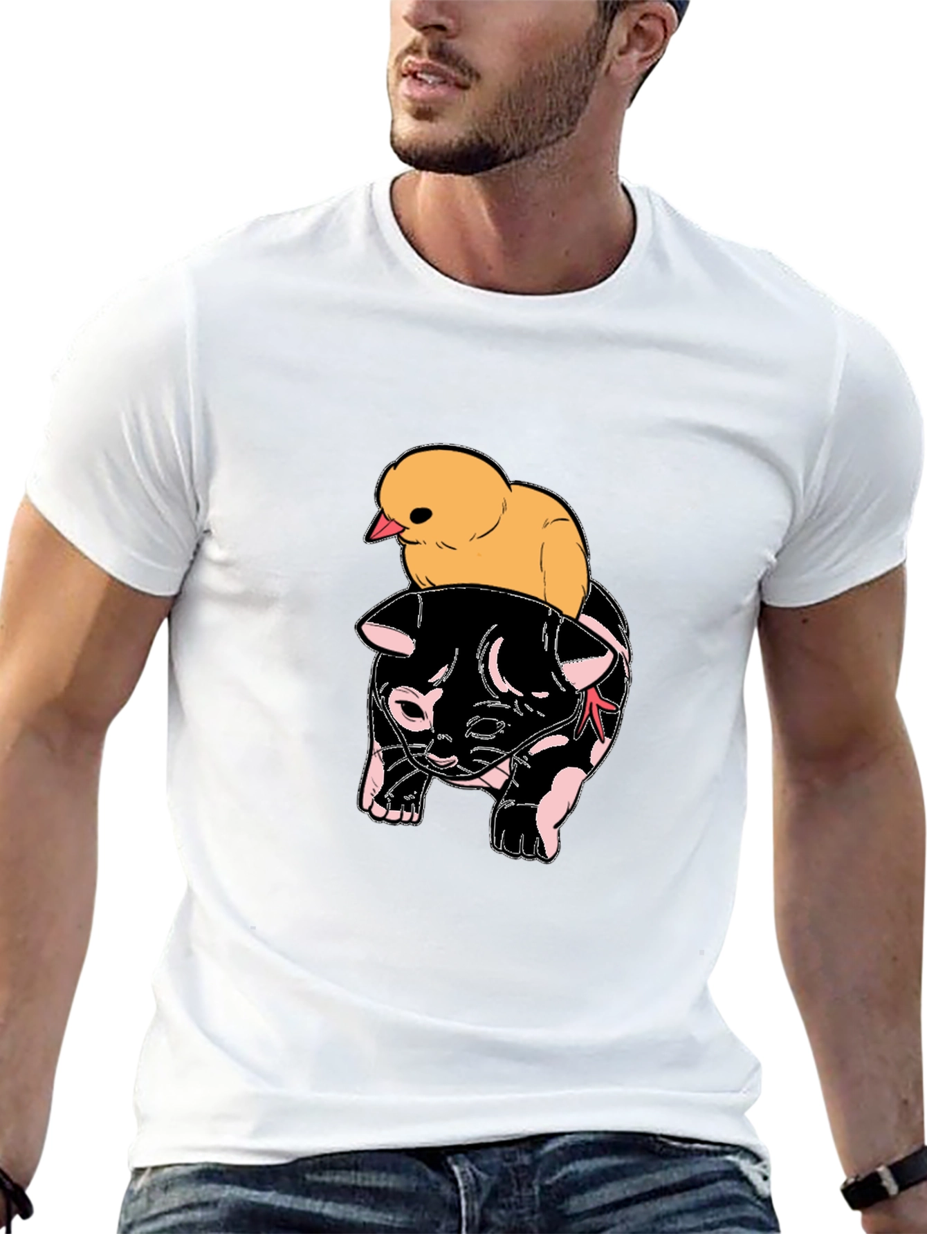 Cute Chick Riding Cat T-Shirt - Black Graphic Tee