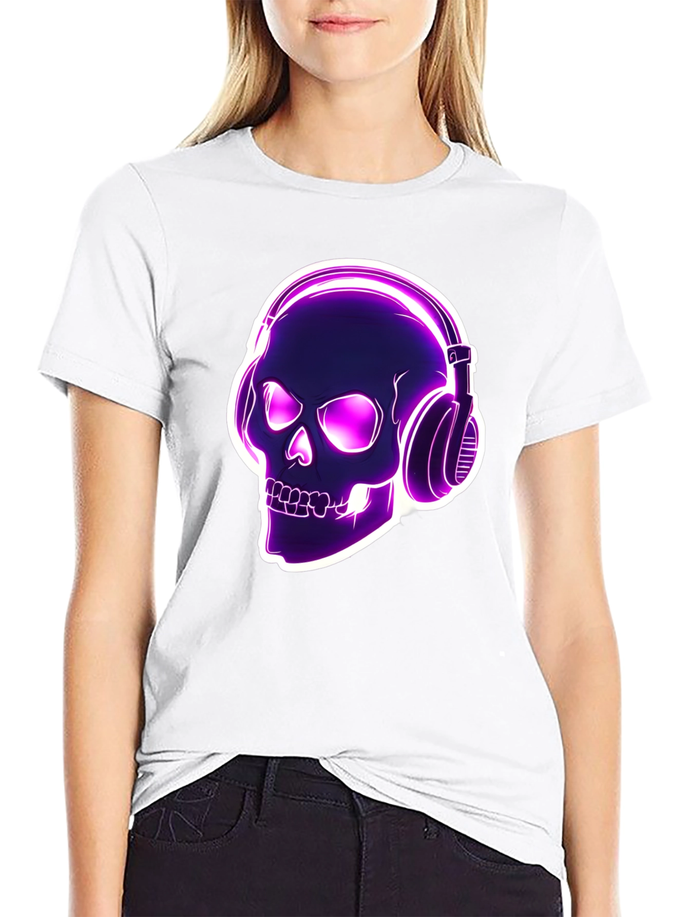 Skull with Headphones Graphic Tee - Black