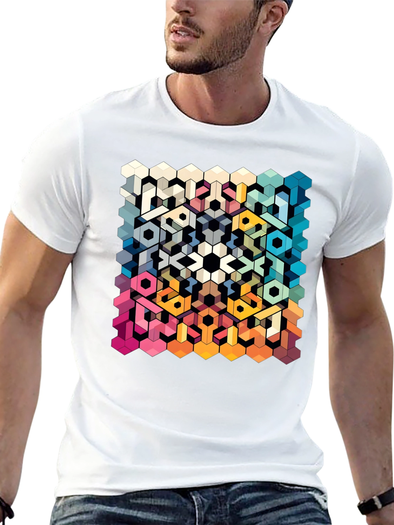 Geometric Hexagon Art Graphic Black T-Shirt