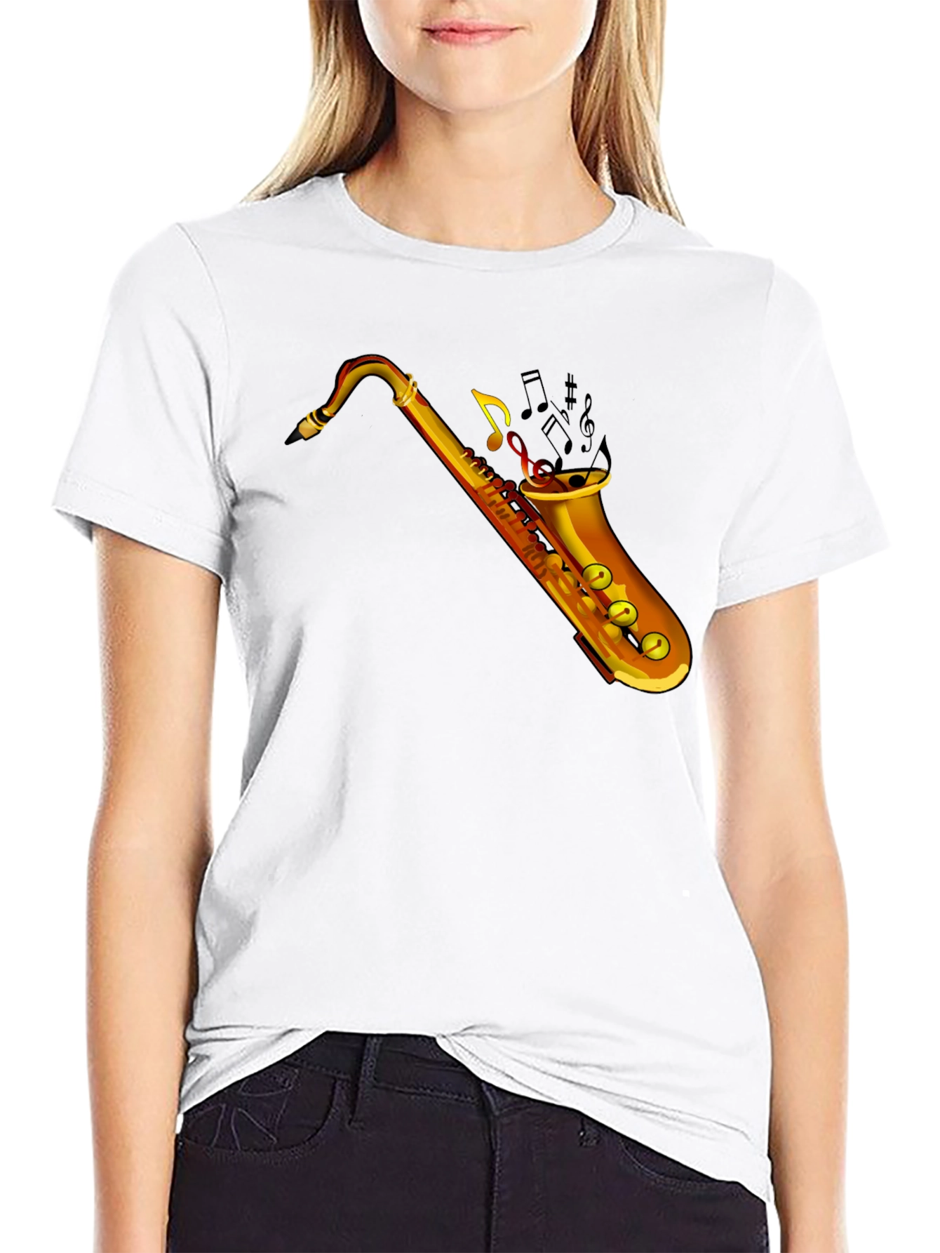 Saxophone Music Notes Graphic Black T-Shirt
