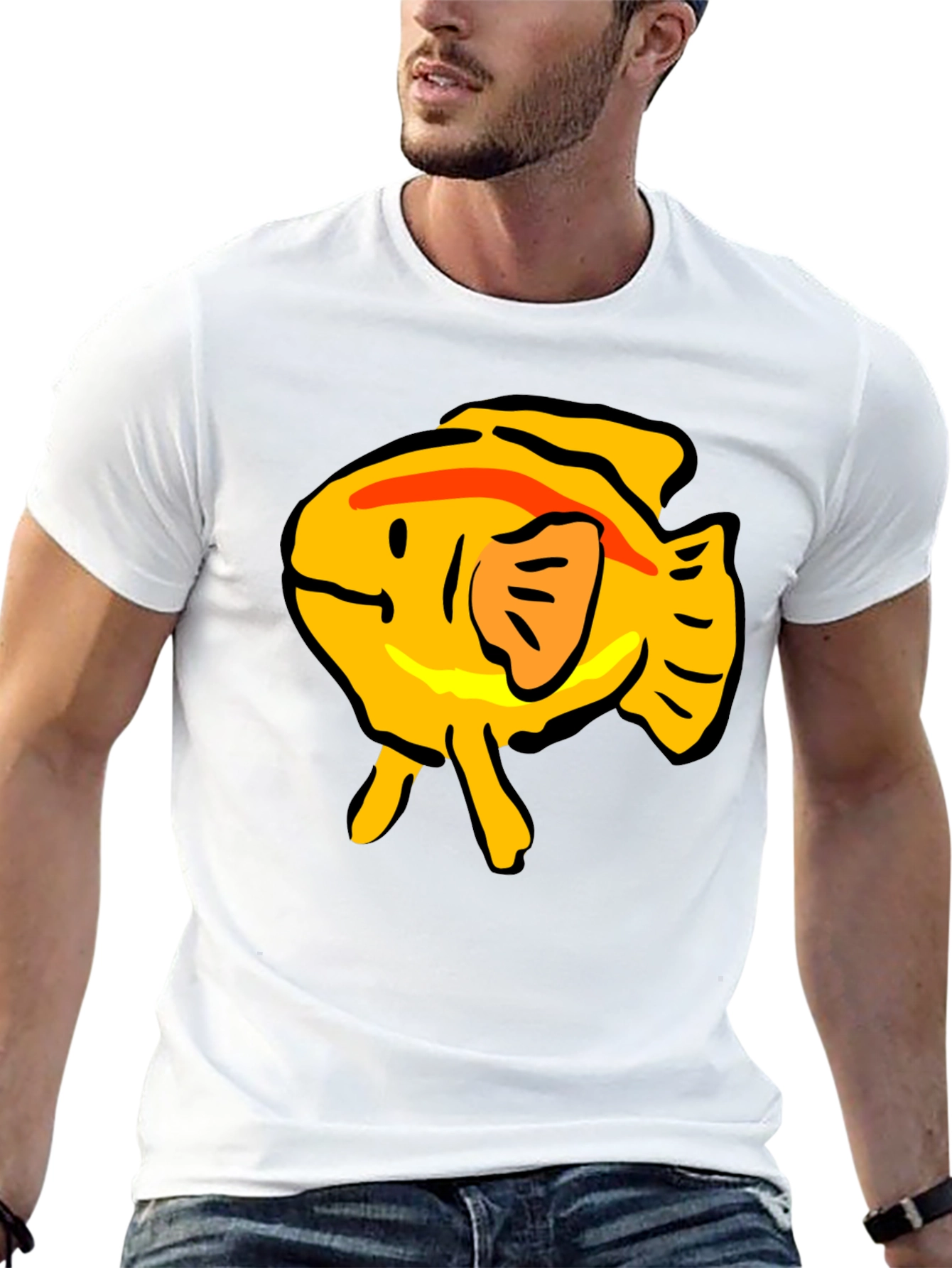 Black T-Shirt with Yellow Cartoon Fish Graphic