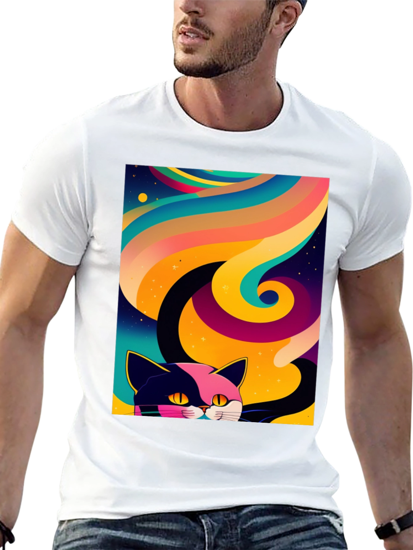 Psychedelic Cat Graphic Tee - Black Cotton Comfort
