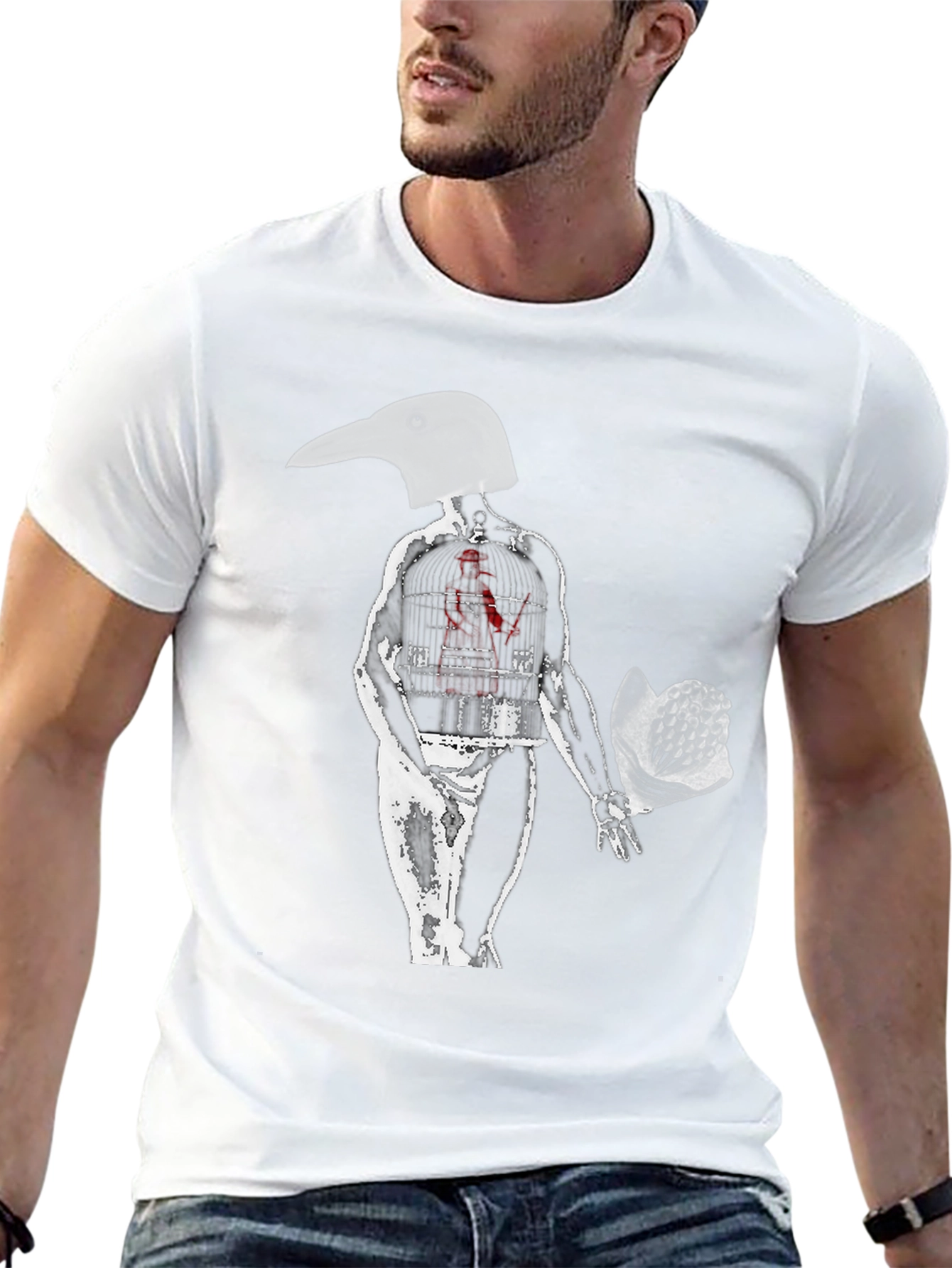 Surreal Bird Head Graphic Tee - Edgy Art Shirt
