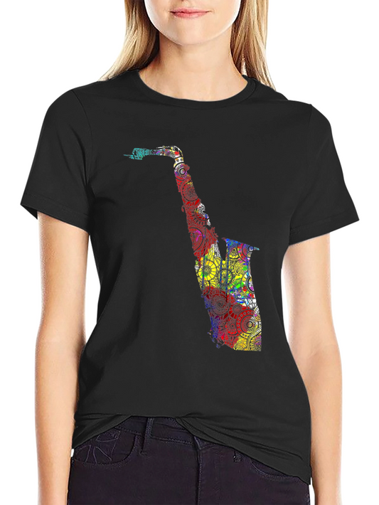 Colorful Saxophone Graphic T-Shirt - Black