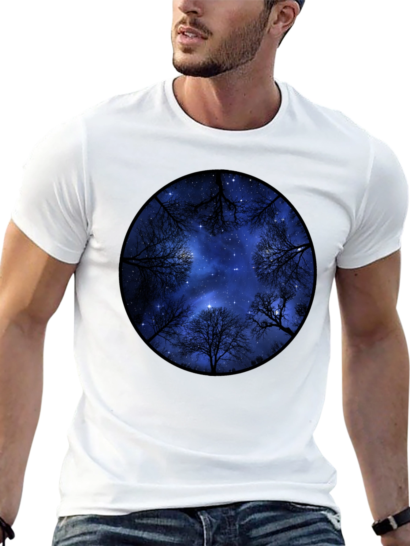 Starry Sky Trees Graphic Tee - Black Cotton Blend