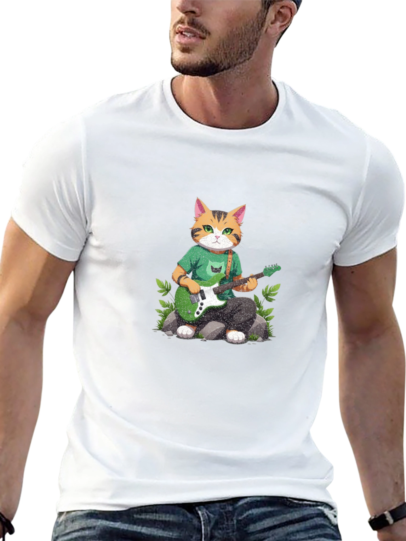 Cat Guitarist Graphic T-Shirt - Black