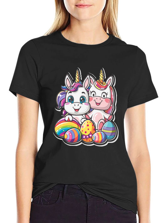 Cute Easter Unicorns Graphic Tee - Black Cotton Blend
