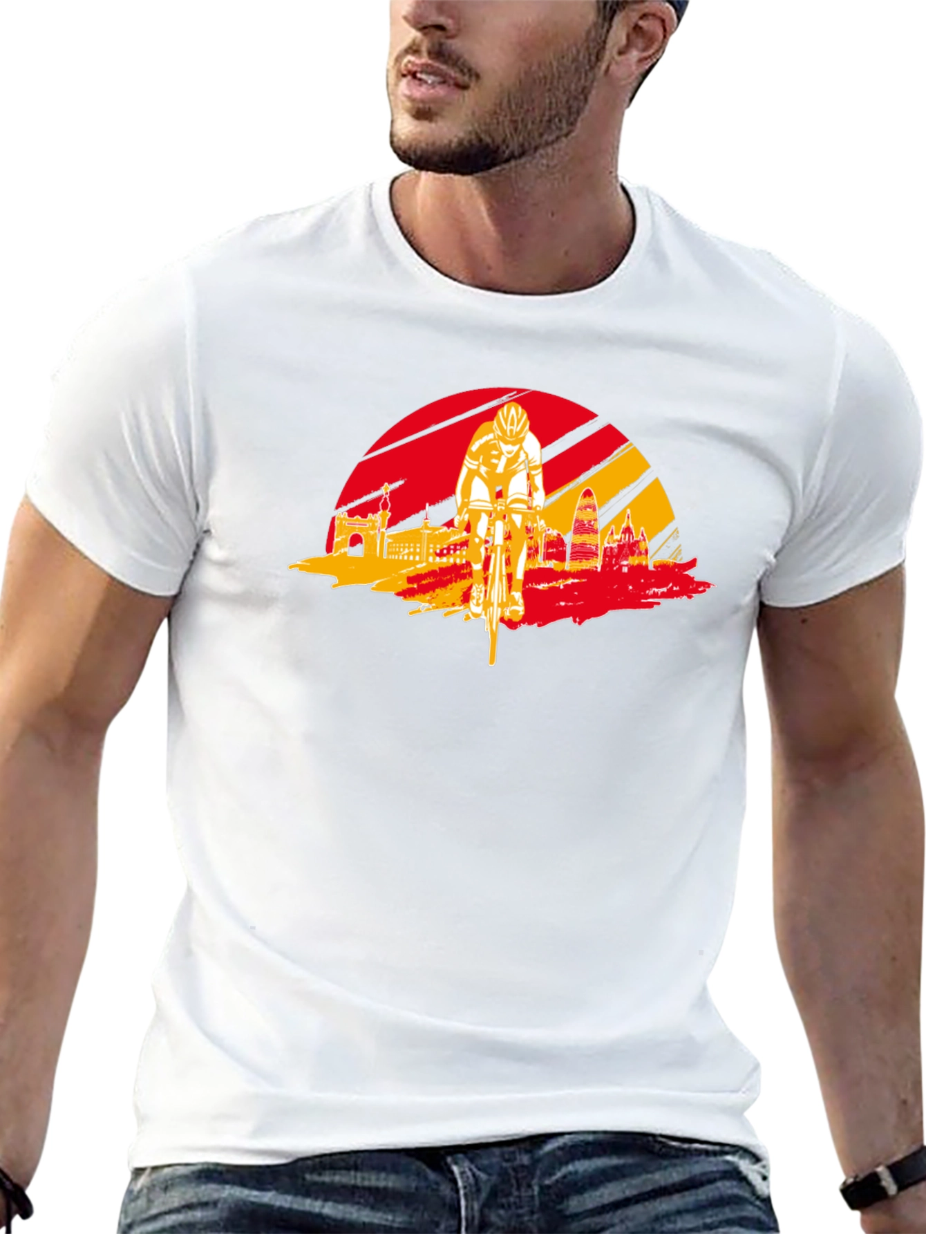 Barcelona Cycling T-Shirt - Red & Yellow Skyline