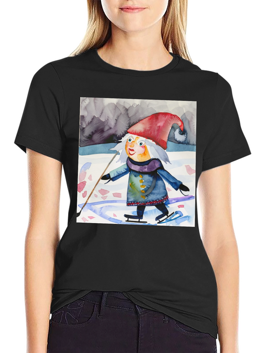 Whimsical Watercolor Gnome Ice Skating T-Shirt