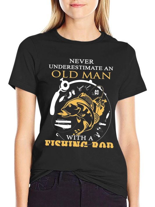 Old Man Fishing Rod Graphic Tee - Black