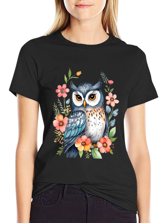 Owl & Floral Print Black T-Shirt
