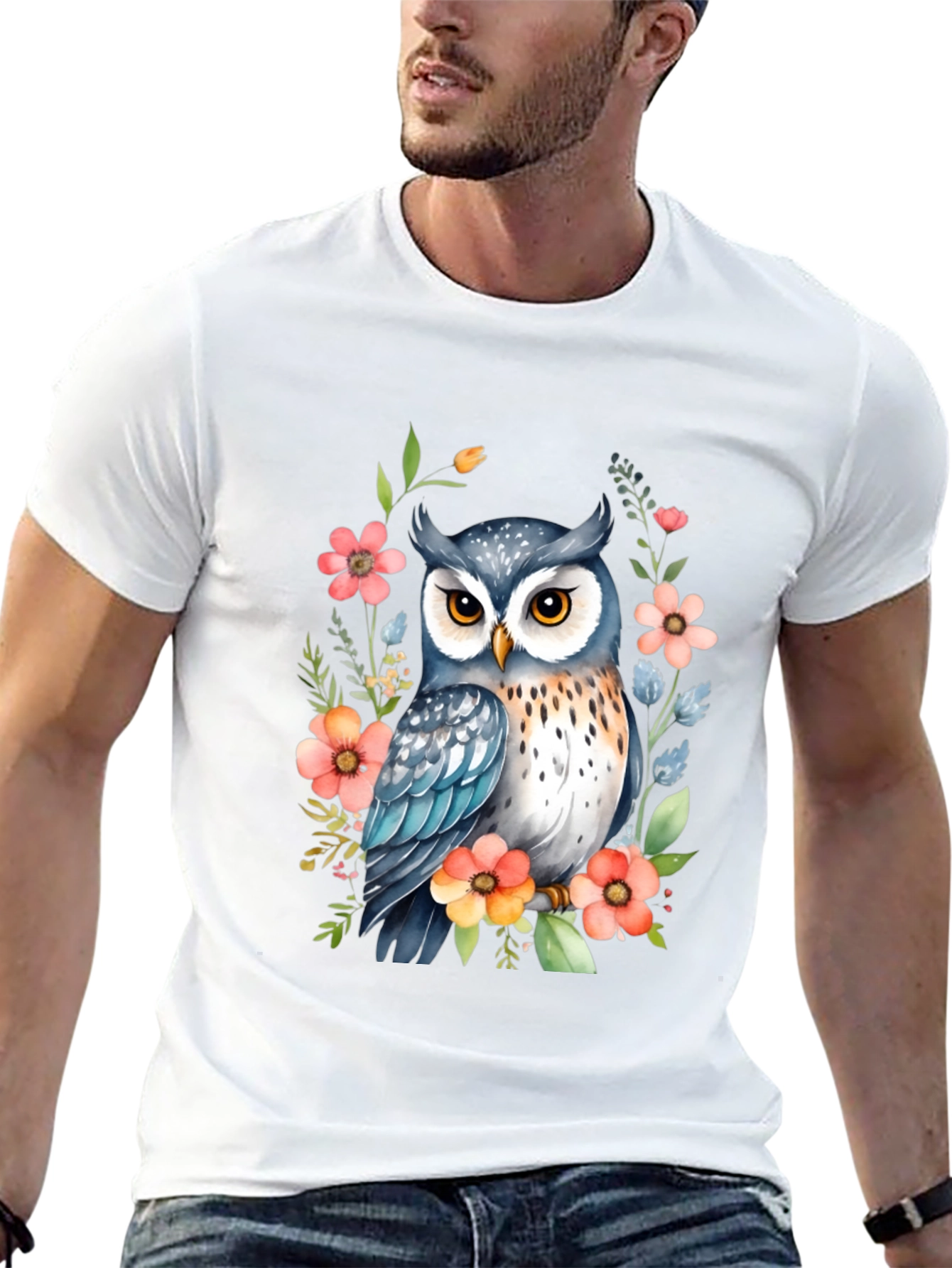 Owl & Floral Print Black T-Shirt