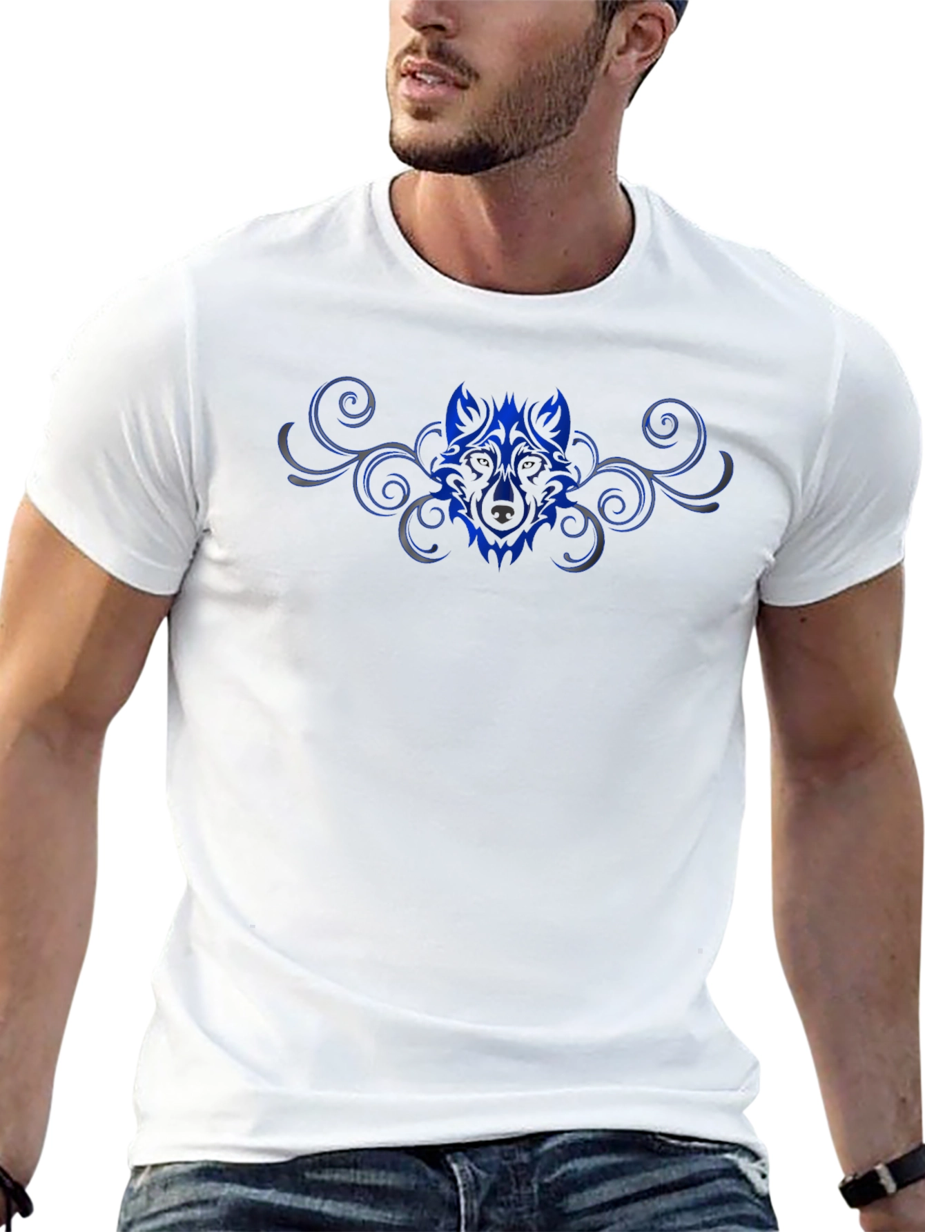 Tribal Wolf Graphic Print Black T-Shirt