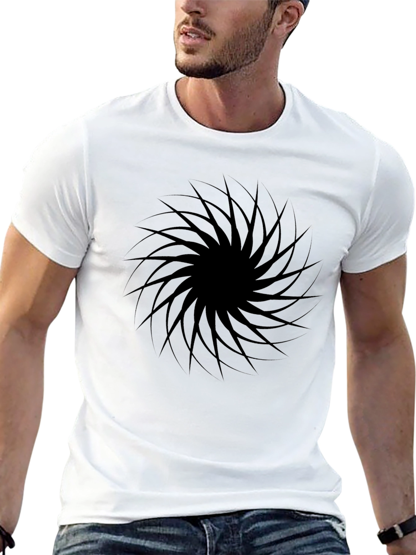 Mens Black Graphic Tee - Abstract Swirl Design