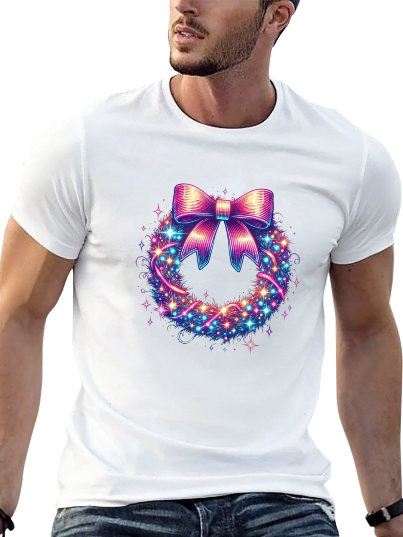Festive Bow Wreath Graphic Tee - Holiday Spirit