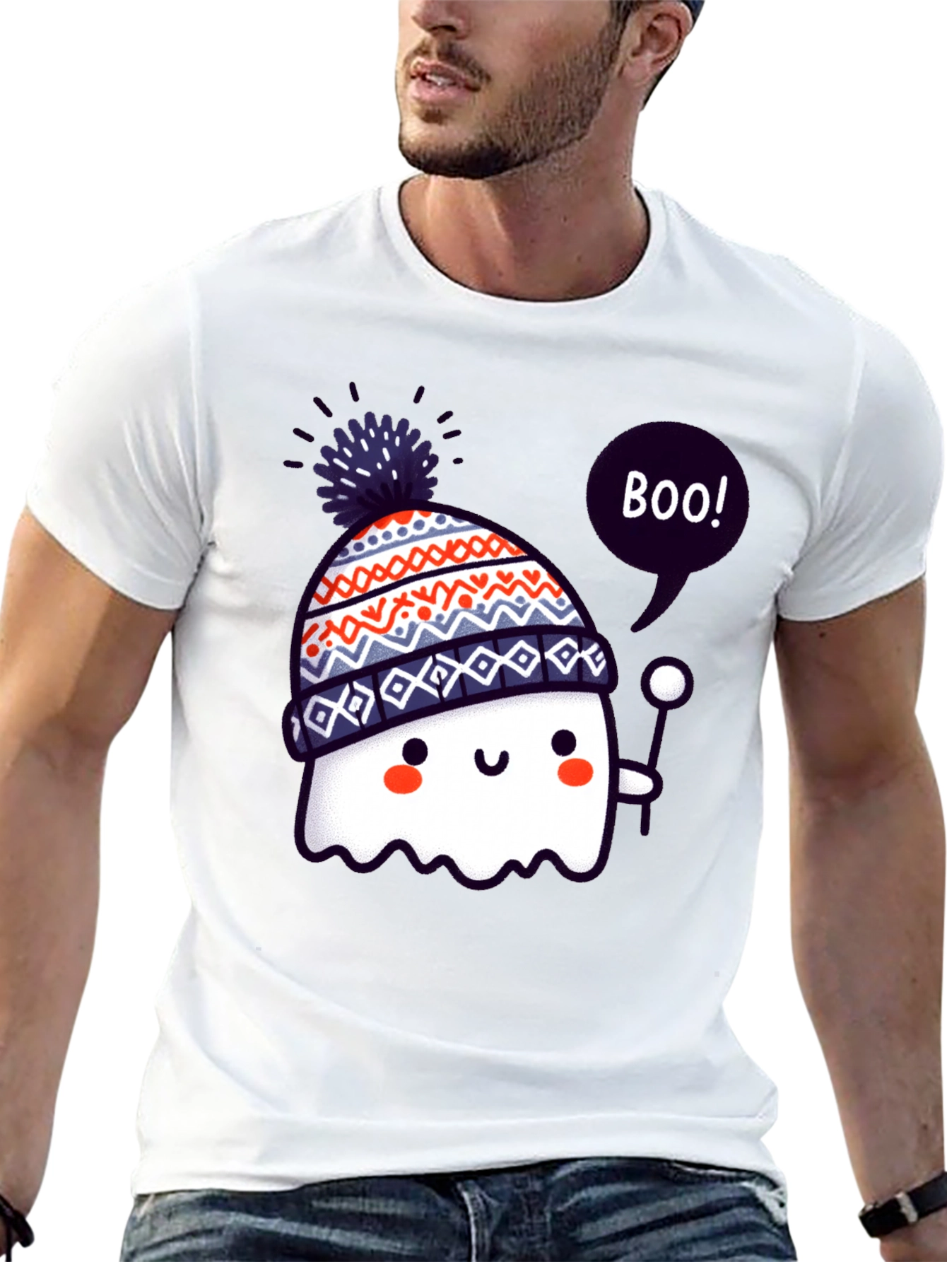 Cute Ghost in Beanie Black T-Shirt