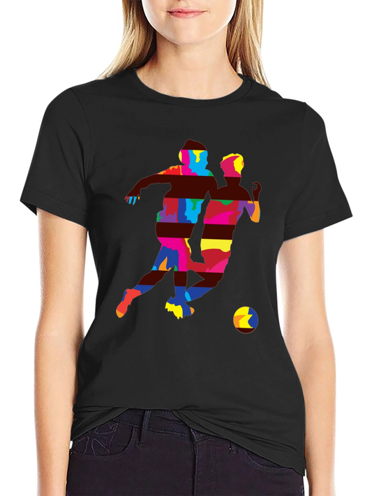 Colorful Soccer Player Graphic Tee - Black Cotton Blend