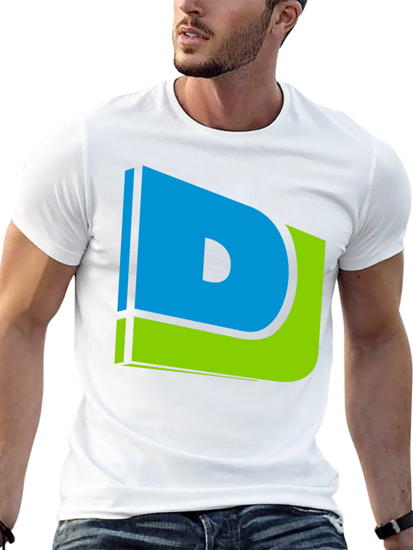 Modern Blue & Green Letter D Graphic Black T-Shirt