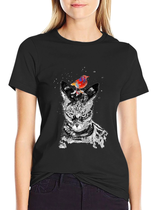 Cat & Bird Watercolor Graphic T-Shirt