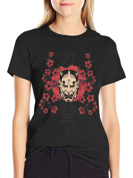 Mens Oni Mask Floral Graphic Black T-Shirt