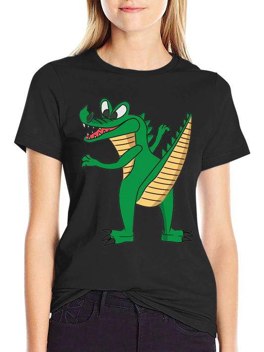 Cartoon Crocodile Graphic Tee - Black Cotton T-Shirt