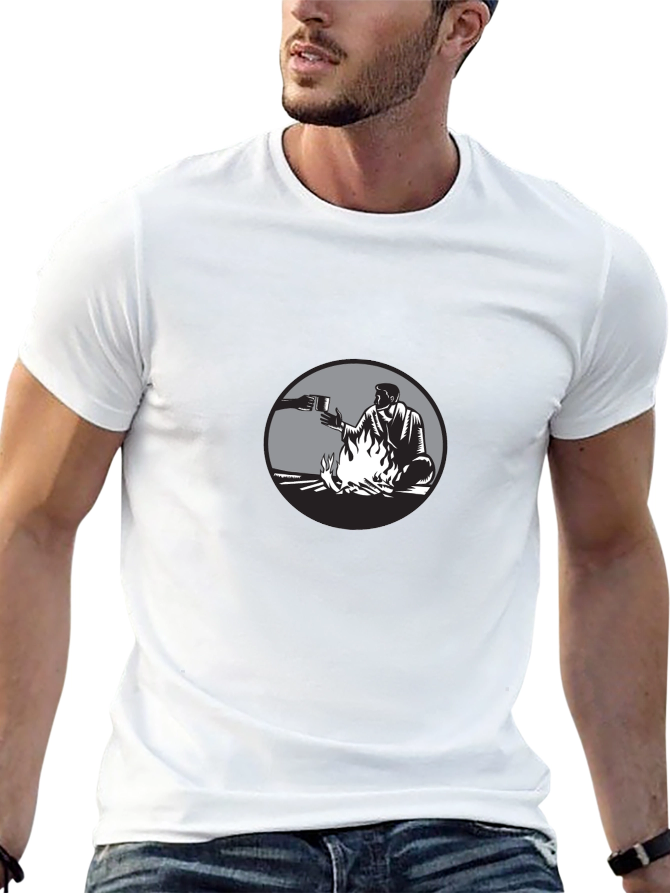 Man by Campfire Black T-Shirt