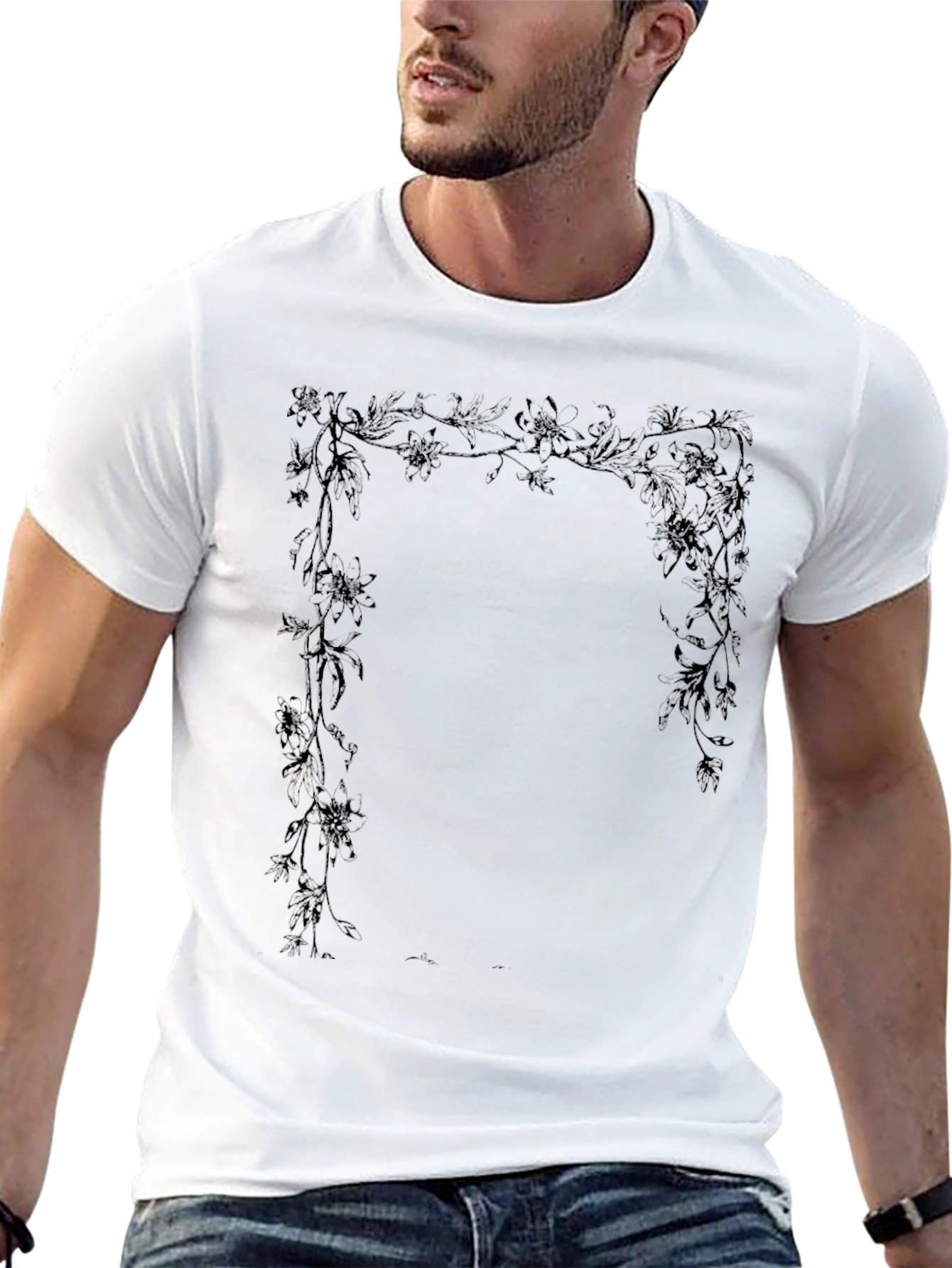 Floral Frame Graphic Tee - Stylish Black T-Shirt