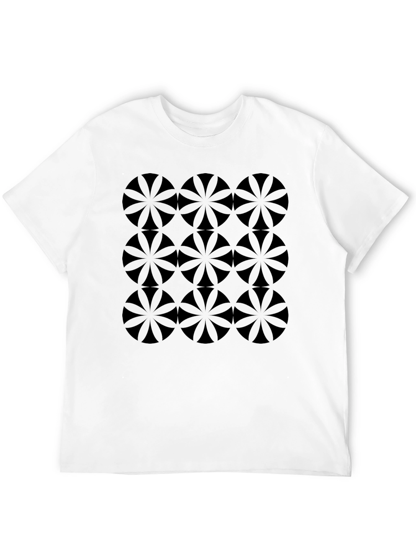 Geometric Flower Circle Pattern Black T-Shirt