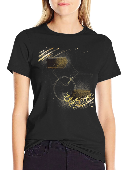 Abstract Geometric Gold Print Black T-Shirt