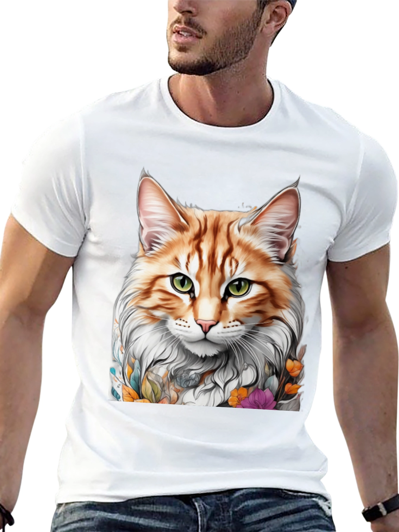 Cat Portrait T-Shirt - Whimsical Floral Feline