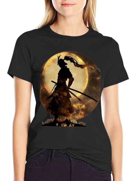 Samurai Moon Graphic Tee - Unique Japanese Warrior T-Shirt