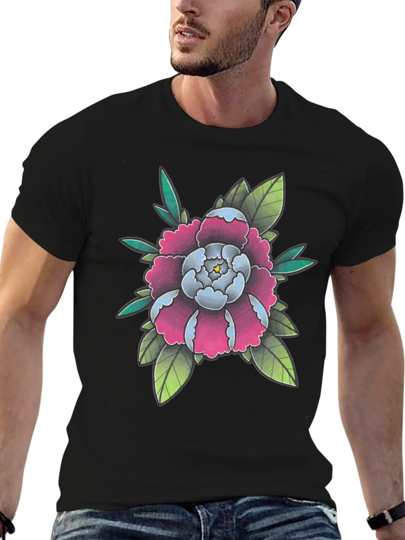 Floral Tattoo Style Graphic Black T-Shirt
