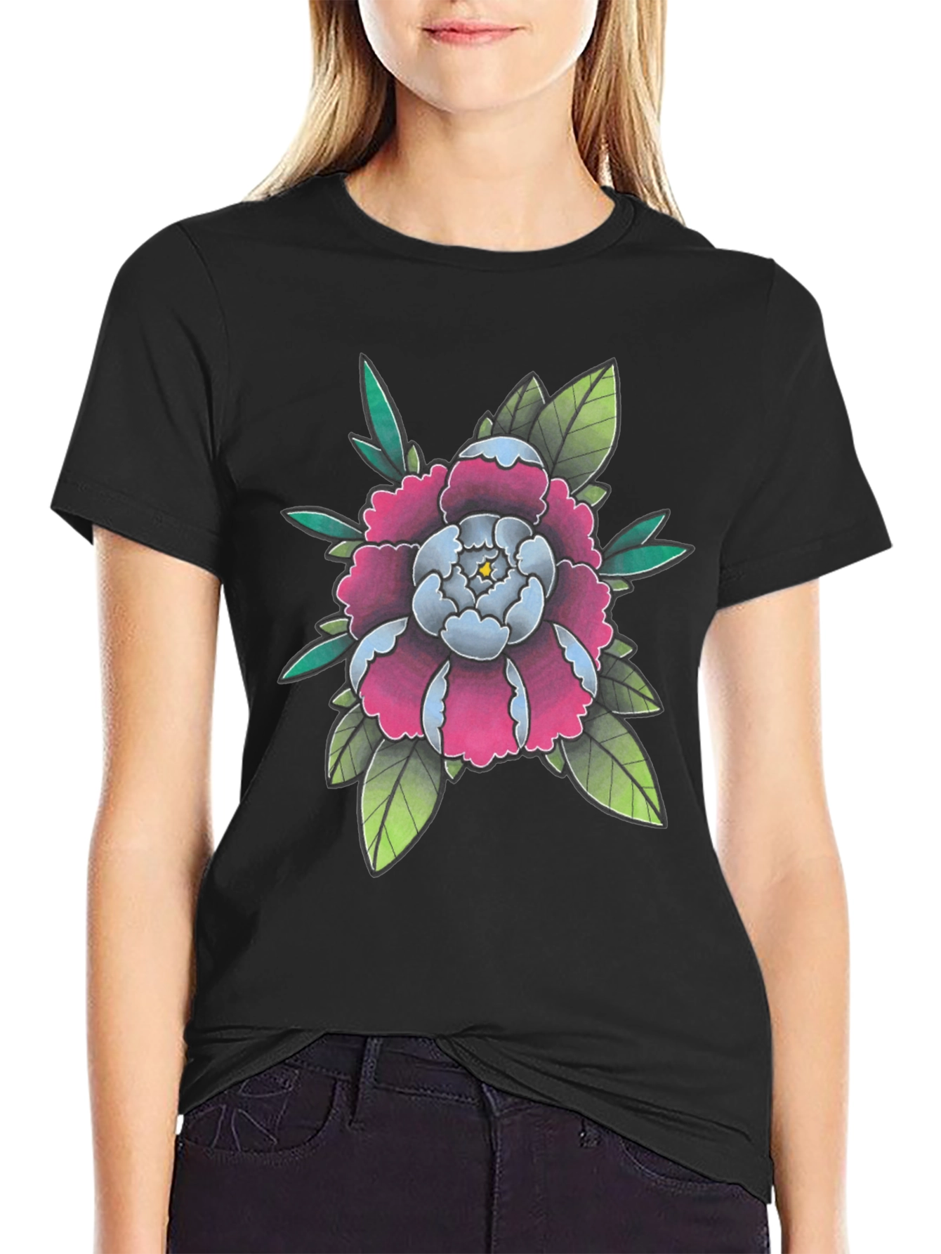 Floral Tattoo Style Graphic Black T-Shirt