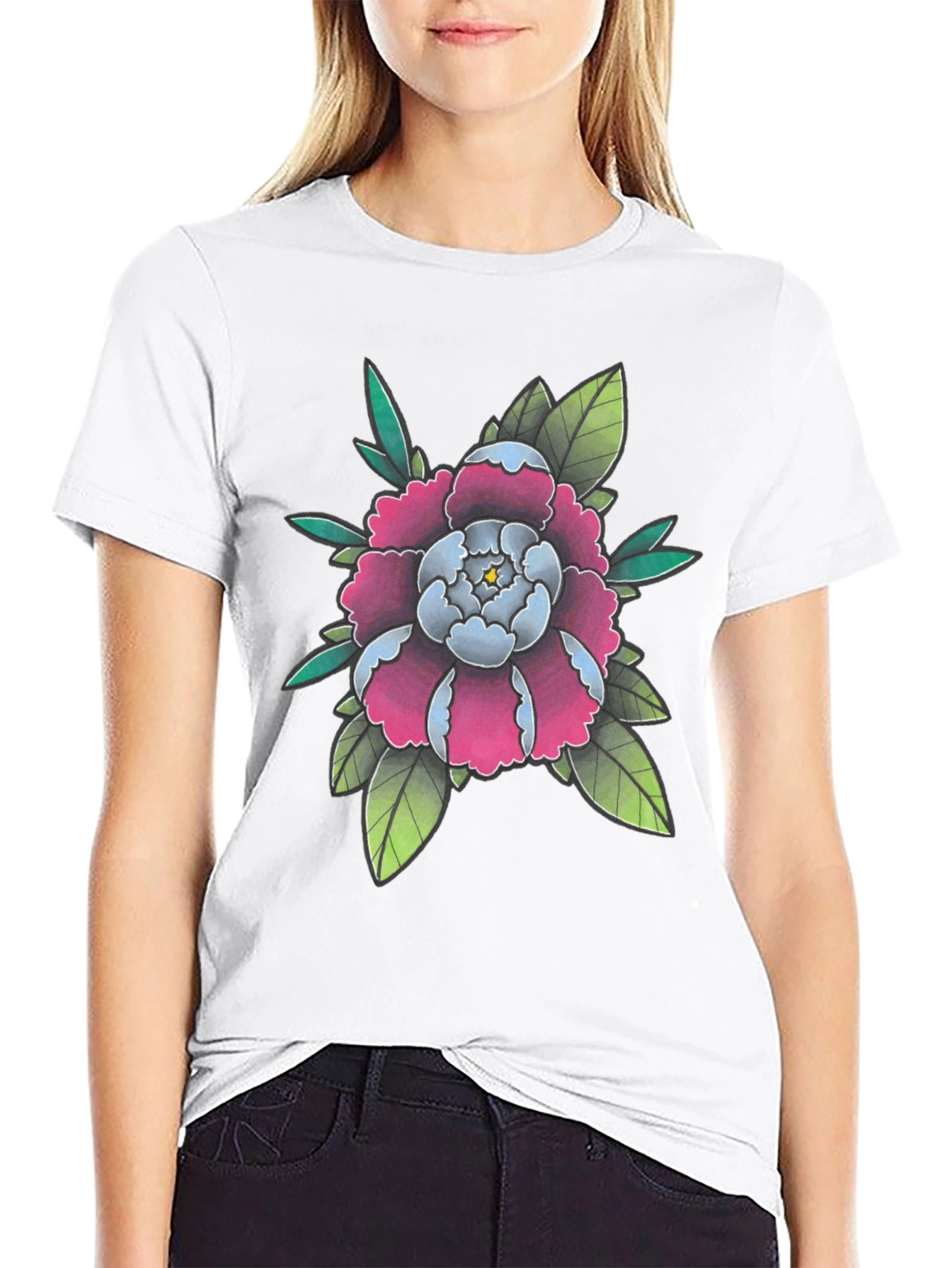 Floral Tattoo Style Graphic Black T-Shirt