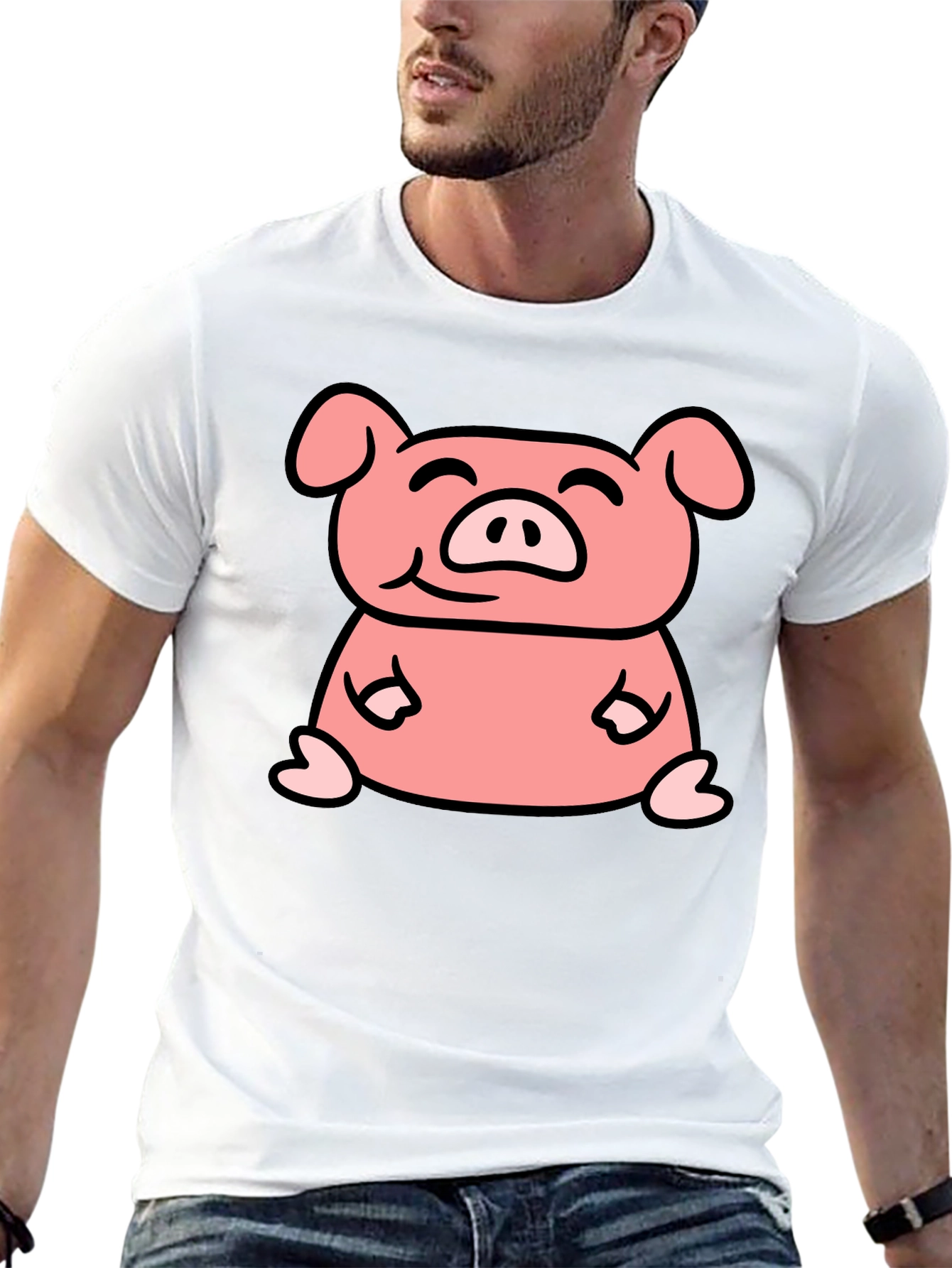 Cute Pig Cartoon Graphic Black T-Shirt