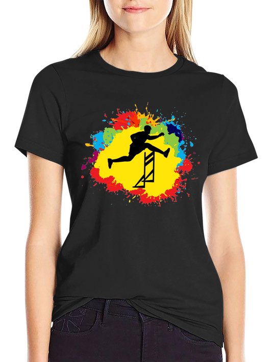 Athlete Hurdling Graphic Tee - Black Cotton T-Shirt