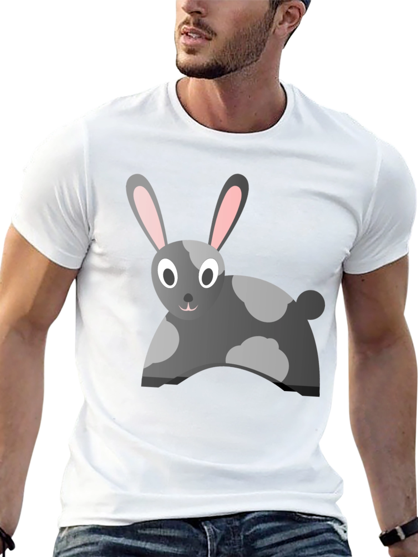 Cartoon Rabbit Graphic Tee - Black Cotton Blend