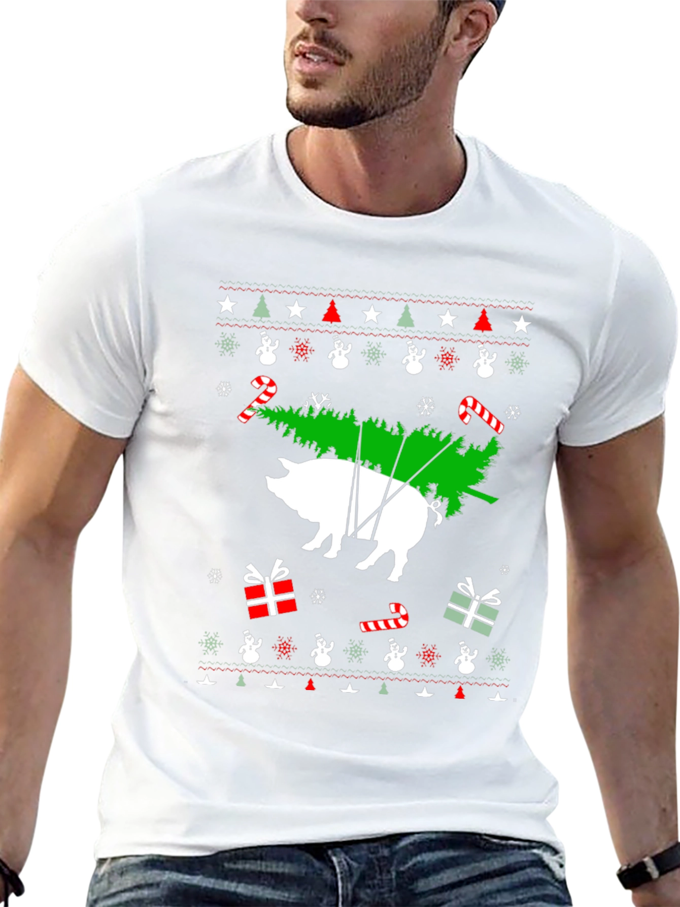 Pig Christmas Tree Black T-Shirt