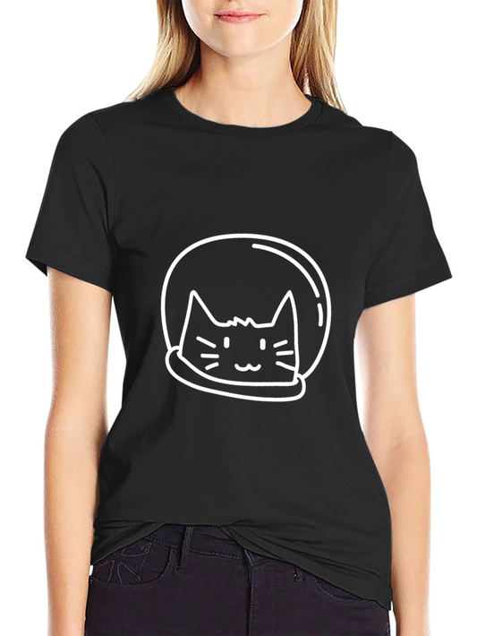 Astronaut Cat Graphic Tee - Black Cotton Casual Shirt