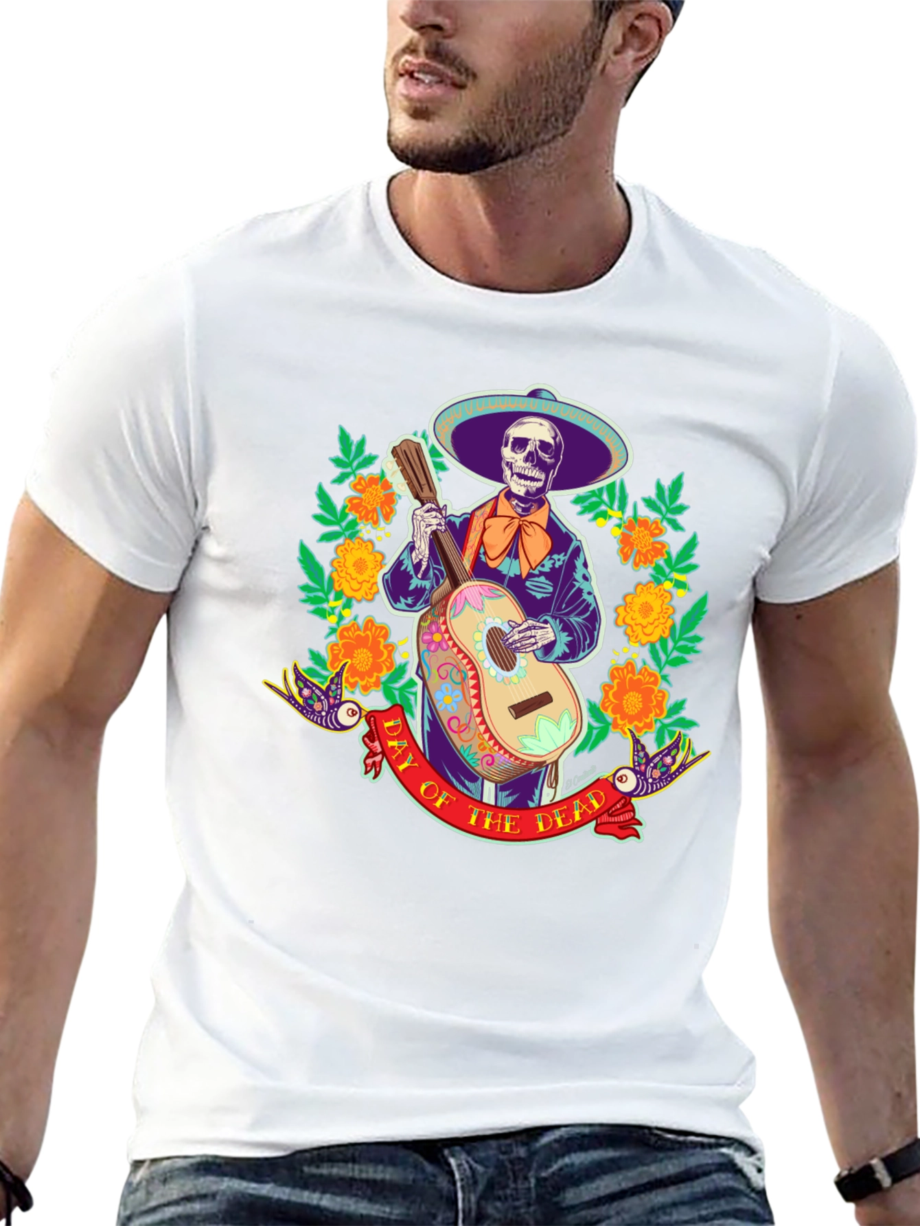 Day of the Dead Skeleton Guitarist Graphic Tee