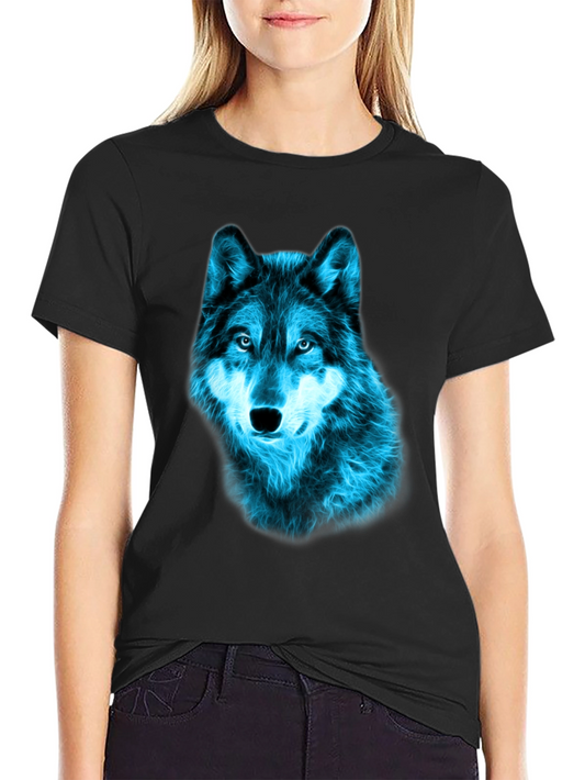 Neon Blue Wolf Graphic Tee - Black Cotton T-Shirt