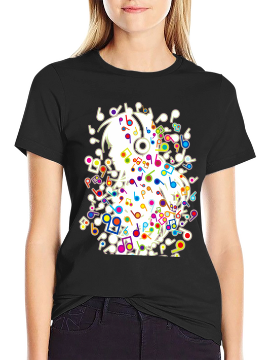 Musical Girl T-Shirt - Black Cotton Tee with Colorful Notes