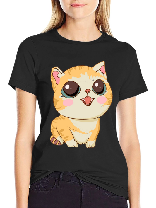 Cute Cartoon Cat Graphic T-Shirt - Black